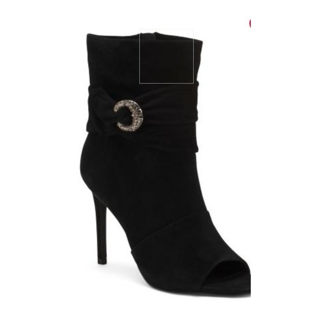 Vince Camuto Black Stiletto Open Toe Ankle Boots Crystal Crescent Moon Slouchy